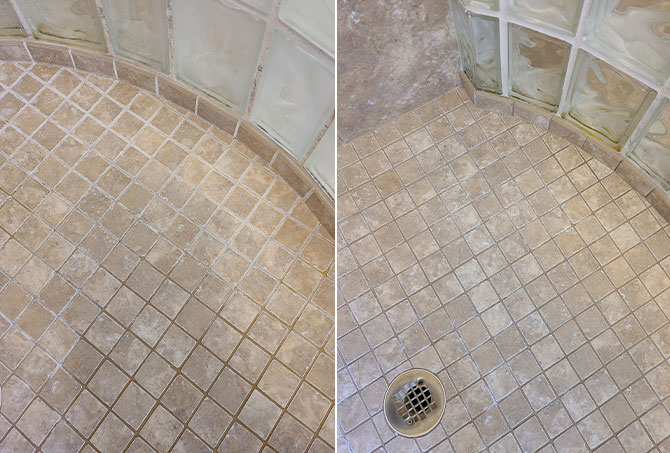 This BEFORE (left) and AFTER (right) image shows the difference in the appearance of the floor.