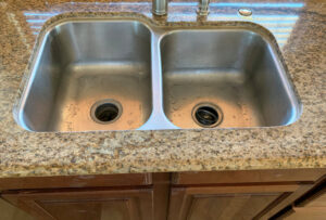 This AFTER image shows the repaired and refinished granite.
