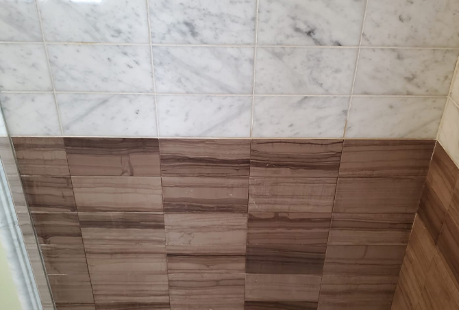 White carrara marble in the top half of the shower and vein cut limestone in the bottom half of the shower.