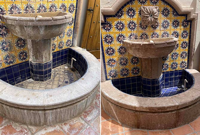 This image shows a comparison of the fountain before and after restoration.