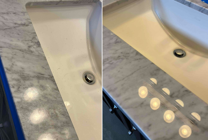 BEFORE (left) and AFTER (right) shows the dramatic difference our marble restoration services made.