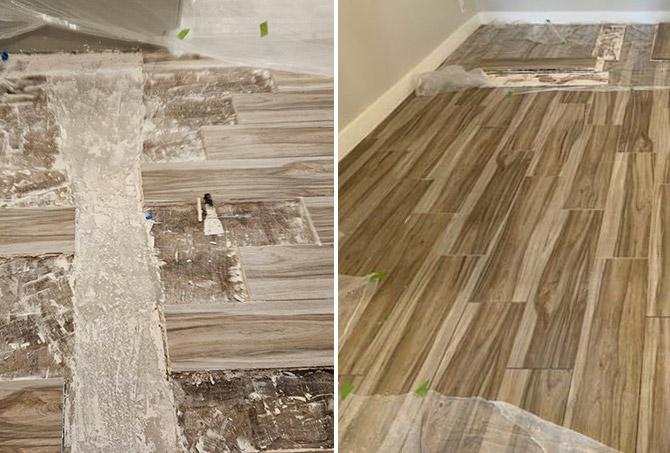 Side-by-side comparison of a demolished tile floor and newly installed and repaired tile floor.