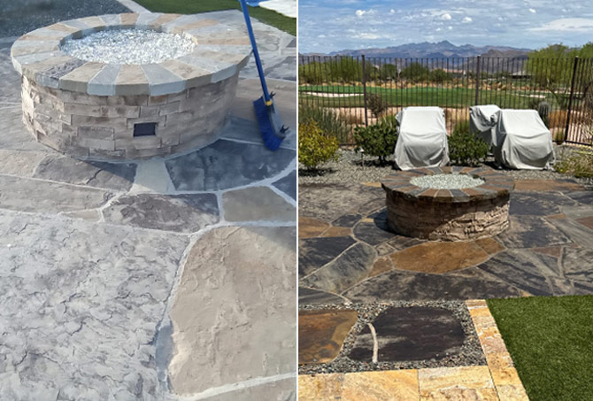 A before-and-after comparison of the firepit stone restoration.