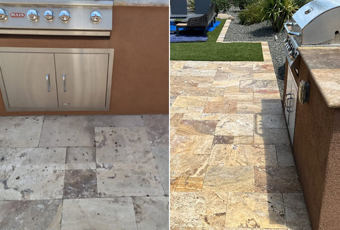 A before-and-after comparison of stone restoration in the grill area.
