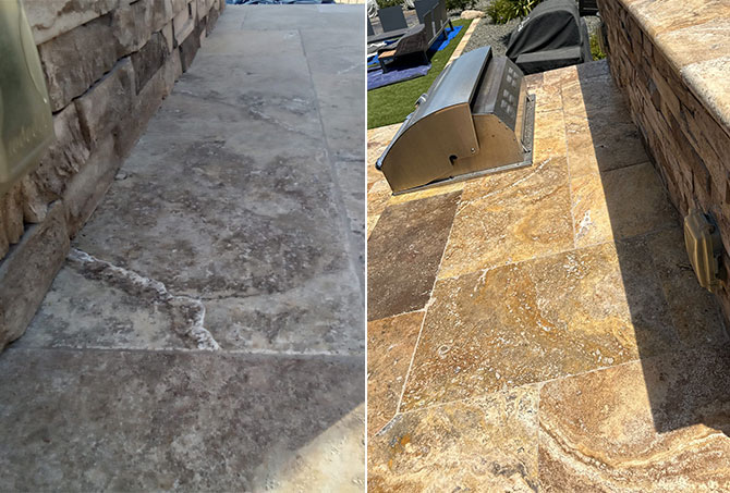 Another before-and-after comparison of stone restoration in the grill area.
