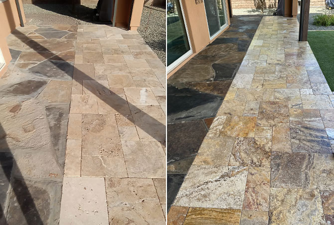 A before-and-after comparison of stone restoration near the backyard entrance.