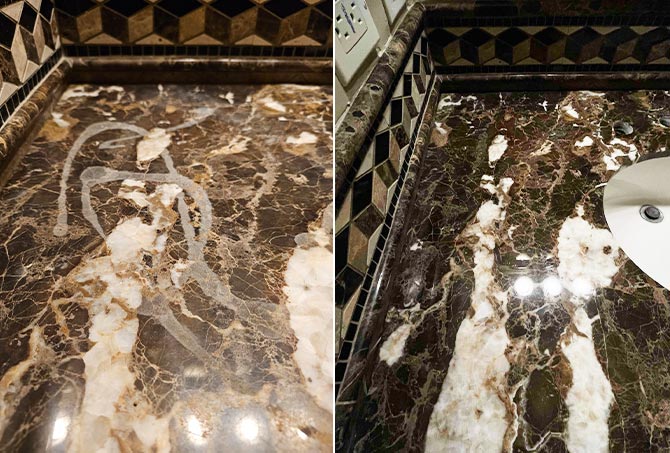This BEFORE (left) and AFTER comparison shows the difference our marble restoration services make.