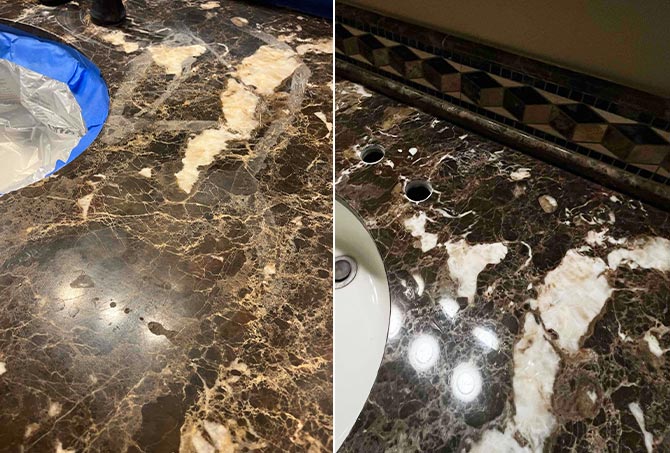 The area to the right of the sink had the worst damage. Here is another BEFORE (left) and AFTER comparison.