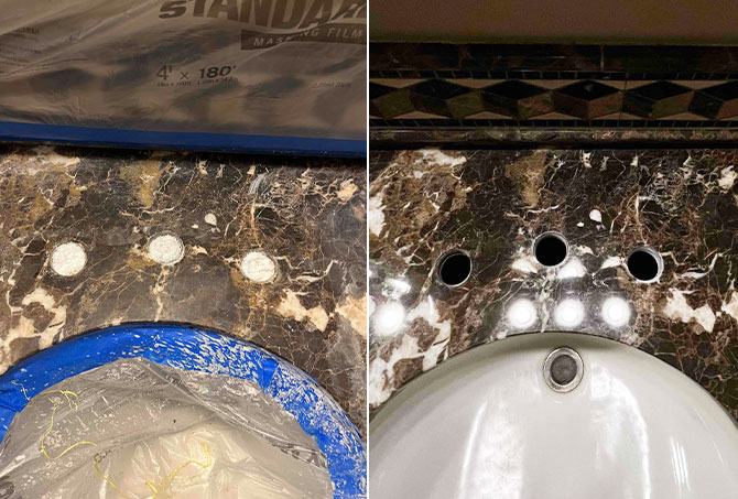 Here is a BEFORE (left) and AFTER of the area around the faucet.