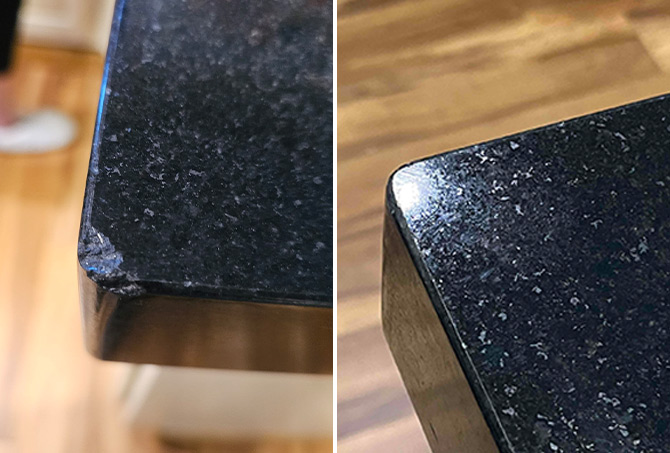 Here's a BEFORE (left) and AFTER (right) image of our granite countertop chip repair work.