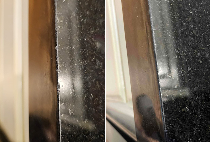 Here's another BEFORE (left) and AFTER (right) image of our granite countertop chip repair work.