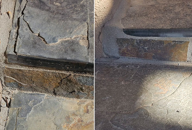 Here is a BEFORE (left) and AFTER (right) of flagstone replacement and grout repair on the steps.