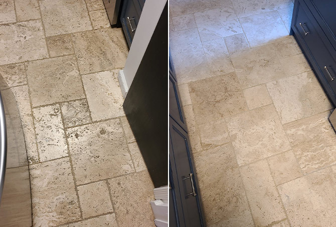 This BEFORE (left) and AFTER (right) demonstrates the dramatic difference professional travertine cleaning makes.