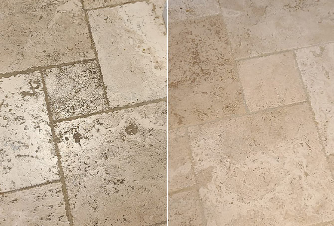 Here is a closer look at the travertine BEFORE (left) and AFTER (right) professional travertine cleaning.