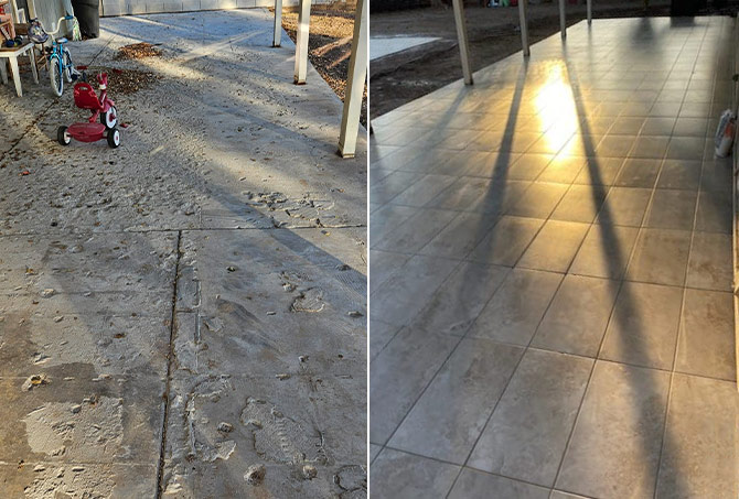 This BEFORE (left) and AFTER (right) image shows what a difference new tile can make!