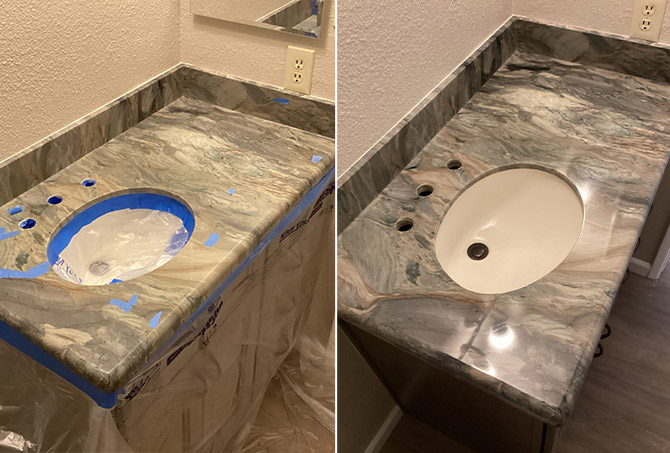 Here is a BEFORE (left) and AFTER (right) comparison of the smaller vanity top.