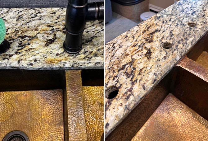 Notice in this BEFORE left and AFTER right image how our refinishing minimized the appearance of iron discoloration on the stones surface.
