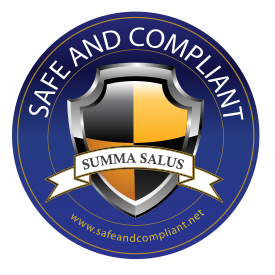 Safe and Compliant certification badge with a shield and a SUMMA SALUS banner on a blue circular seal.