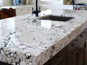 Kitchen island with a white and gray marbled countertop featuring a built-in sink and black faucet; dark wood cabinets underneath.