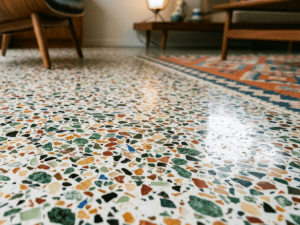 Low-angle view of a terrazzo floor with multicolored stone chips, with living room furniture in the background.
